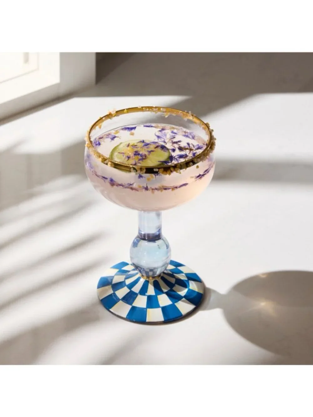 MacKenzie-Childs Royal Check Coupe Glass Gold Rim Hand Painted NEW